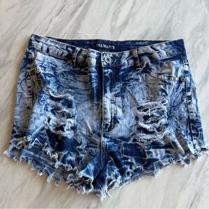 Blue and white acid wash “denim” shorts with distressed details